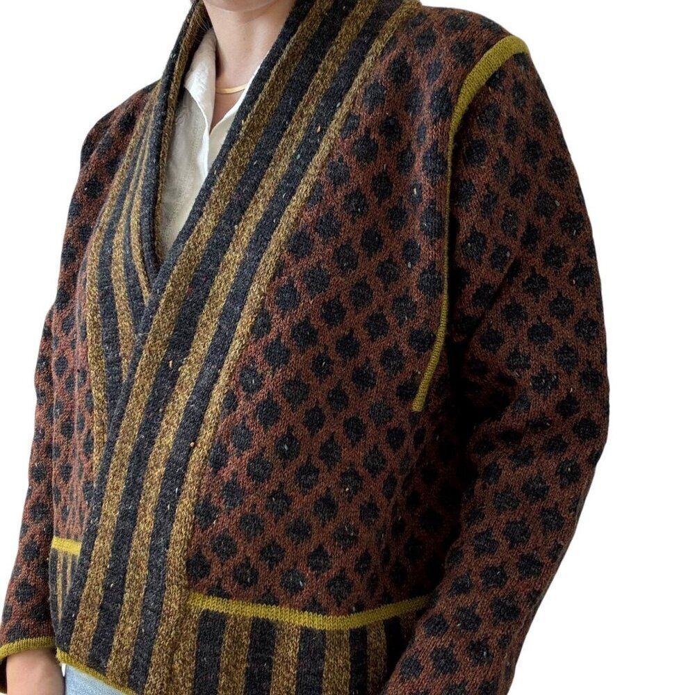 Vintage Lone Bullinger Danmark Hand Knitted Multicolor Wool Norwegian Cardigan - Picture 6 of 8